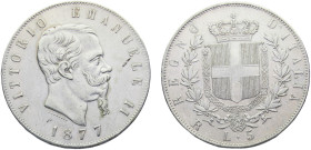 Italy Kingdom Victor Emmanuel II 5 Lire 1877 R Rome mint Silver AU 25g KM#8.4