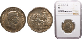 Italy Kingdom Vittorio Emanuele III 2 Lire 1914 R Rome mint Silver NGC MS61 KM# 55