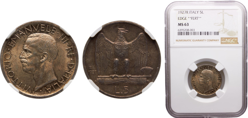 Italy Kingdom Vittorio Emanuele III 5 Lire 1927 R Rome mint Silver NGC MS63 KM# ...