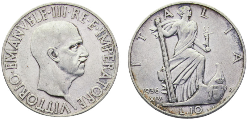 Italy Kingdom Vittorio Emanuele III 10 Lire 1936 R Rome mint Silver AU 10g KM# 8...