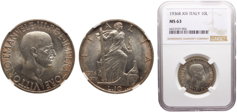 Italy Kingdom Vittorio Emanuele III 10 Lire 1936//XIV R Rome mint Silver NGC MS6...