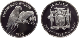 Jamaica Commonwealth Elizabeth II 25 Dollars 1995 (Mintage 10000) Conservation, Endangered Wildlife, Black-billed parrot Silver PF 28.2g KM# 174