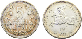 Lithuania Republic 5 Litai 1925 Royal mint Silver AU 13.6g KM# 78