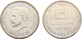 Lithuania Republic 10 Litų ND (1938) Brussels mint 20th anniversary of Republic Silver AU 18g KM# 84
