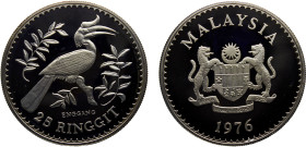 Malaysia Federal elective constitutional monarchy Agong VI 25 Ringgit 1976 Royal mint(Mintage 8008 ) Conservation, Rhinoceros hornbill Silver PF 35.3g...