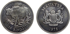Malaysia Federal elective constitutional monarchy Agong VI 15 Ringgit 1976 Royal mint(Mintage 40000) Conservation, Malaysian Gaur Silver UNC 28.6g KM#...