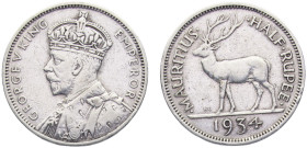 Mauritius British crown colony George V ½ Rupee 1934 Royal mint Silver XF 5.8g KM# 16
