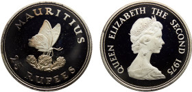 Mauritius British crown colony Elizabeth II 25 Rupees 1975 Royal mint(Mintage 9869) Conservation, Blue swallowtail Silver PF 29g KM# 40a