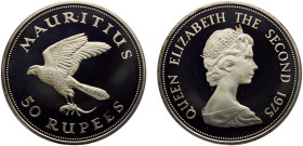 Mauritius British crown colony Elizabeth II 50 Rupees 1975 Royal mint(Mintage 9513) Conservation, Mauritius Kestrel Silver PF 35.6g KM# 41a