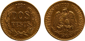 Mexico United Mexican States 2 Pesos 1920 Mo Mexico City mint Gold AU 1.7g KM# 461