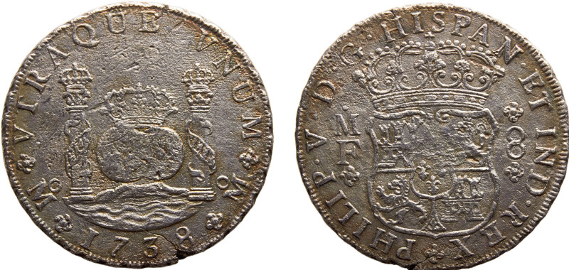 Mexico Spanish colony Philip V 8 Reales 1738 Mo MF Mexico City mint Corrosion of...