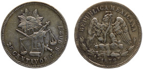 Mexico Federal republic 25 Centavos 1872 Go S Guanajuato mint Silver XF 6.7g KM#406.5