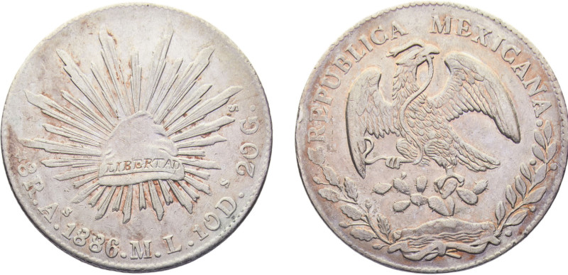 Mexico Federal republic 8 Reales 1886 As ML/JD Alamos mint Silver AU 27.1g KM#37...