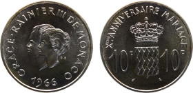 Monaco Principalty Rainier III 10 Francs 1966 Paris mint(Mintage 24000) Fantasy items, 10th Wedding Anniversary, Medallic Coinage Silver BU 25.1g X# M...