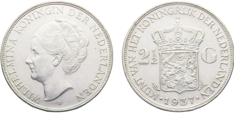 Netherlands Kingdom Wilhelmina I 2½ Gulden 1937 Utrecht mint Silver UNC 25g KM# ...