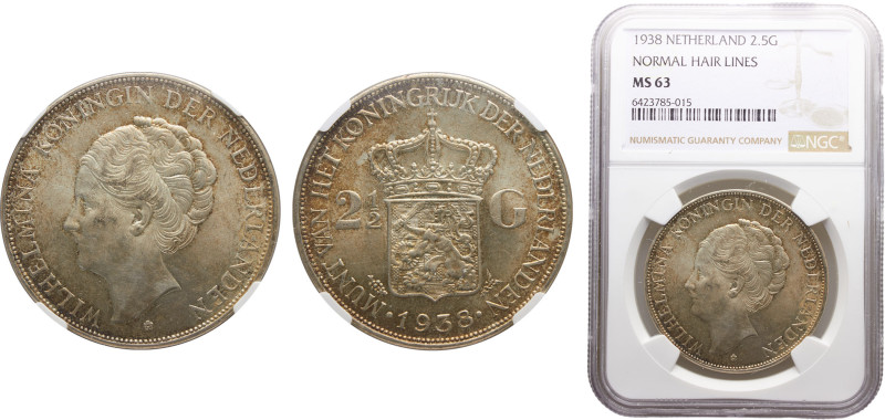 Netherlands Kingdom Wilhelmina 2½ Gulden 1938 Utrecht mint Silver NGC MS63 KM# 1...