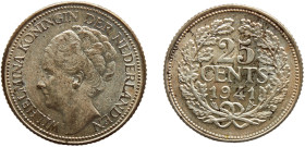 Netherlands Kingdom Wilhelmina 25 Cents 1941 Utrecht mint Silver AU 3.6g KM# 164
