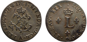 New France French colony Louis XV 1⁄60 Ecu 1764 A Paris mint(Mintage 96468) Billon XF 2.3g KM#500.1
