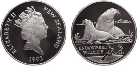 New Zealand Commonwealth Elizabeth II 5 Dollars 1993 (Mintage 20000) Conservation, Endangered Wildlife, Hooker Sea Lions Silver PF 31.6g KM# 89