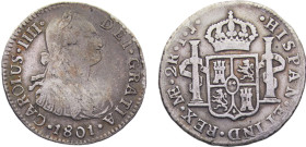 Peru Spanish colony Carlos IV 2 Reales 1801 LIMAE IJ Lima mint Silver VF 6.7g KM# 95