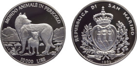 San Marino Republic 10000 Lire 1996 (Mintage 35000) Conservation, Endangered Animals, Wolf Silver PF 22.1g KM# 341