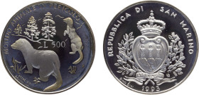 San Marino Republic 500 Lire 1993 R Rome mint Conservation, Wildlife Protection, Mustela Putorius Silver PF 11g KM# 291