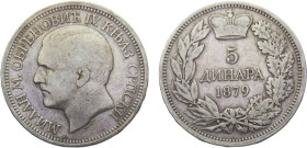 Serbia Kingdom Milan Obrenović IV 5 Dinara 1879 Silver VF 24.8g KM# 12