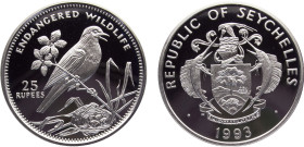 Seychelles Republic 25 Rupees 1993 PM Pobjoy Mint(Mintage 20000) Conservation, Endangered Wildlife, Magpie Robin Silver PF 28.6g KM# 65