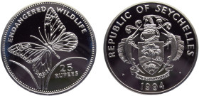 Seychelles Republic 25 Rupees 1994 PM Pobjoy Mint(Mintage 20000) Conservation, Endangered Wildlife, Milkweed Butterfly Silver PF 28.6g KM# 74