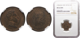 Spain Kingdom Alfonso XIII 2 Centimos 1904 *19-04 SMV Madrid mint 4th portrait Bronze NGC MS62 BN KM# 722