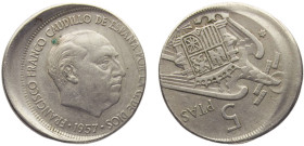 Spain Nationalist Government Francisco Franco 5 Pesetas 1957 *19-61 Madrid mint Mint Error Struck 20% Off Cente Copper-nickel XF 5.9g KM# 786