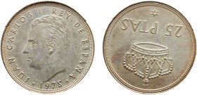 Spain Kingdom Juan Carlos I 25 Pesetas 1975 *19-80 Madrid mint Mint Error Struck Silver Planchet, large Thickness, Very Rare Copper-nickel UNC 15.8g K...