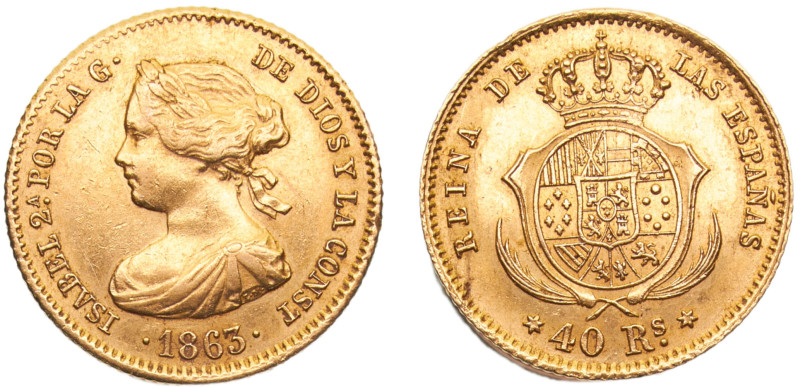 Spain Kingdom Isabel II 40 Reales 1863 Madrid mint Gold AU 3.3g KM#616.2