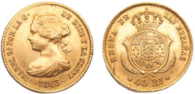 Spain Kingdom Isabel II 40 Reales 1863 Madrid mint Gold AU 3.3g KM#616.2