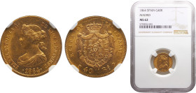 Spain Kingdom Isabel II 40 Reales 1864 Madrid mint Gold NGC MS62 KM#618.1