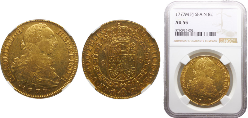 Spain Kingdom Carlos III 8 Escudos 1777 M PJ Madrid mint Gold NGC AU55 KM# 409.1...