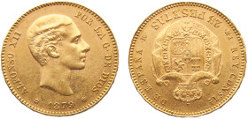 Spain Kingdom Alfonso XII 25 Pesetas 1879 *18-79 EMM Madrid mint 2nd portrait Gold UNC 8g KM# 673
