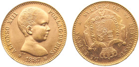 Spain Kingdom Alfonso XIII 20 Pesetas 1887 *19-62 PGV Madrid mint(Mintage 11000) 1st portrait Gold UNC 6.46g KM# 693