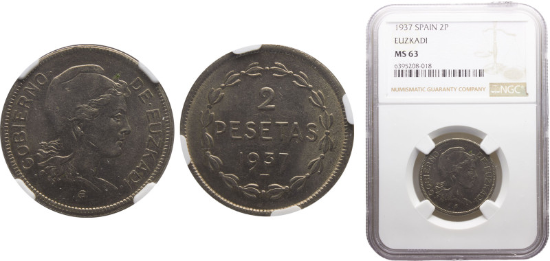 Spain Second Republic Euzkadi 2 Pesetas 1937 Brussels mint The Spanish Civil War...