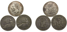 Spain Kingdom & Provisional Government 2 Pesetas 1869/1870/1882 Madrid mint 3 Lots Silver VF
