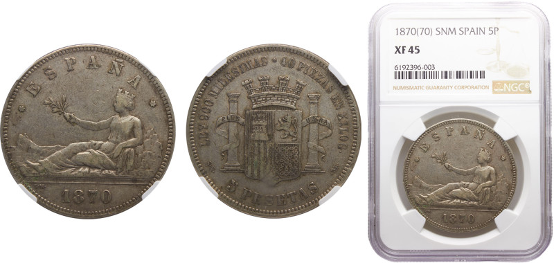 Spain Provisional Government 5 Pesetas 1870 *18-70 SNM Madrid mint Silver NGC XF...