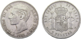 Spain Kingdom Alfonso XII 5 Pesetas 1881 *18-81 MSM Madrid mint 2nd portrait Silver XF 25g KM# 676