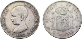 Spain Kingdom Alfonso XIII 5 Pesetas 1888 *18-88 MPM Madrid mint 1st portrait Silver XF 25g KM# 689