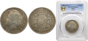 Spain Kingdom Alfonso XIII 2 Pesetas 1894 *18-94 PGV Madrid mint 2nd portrait Silver PCGS MS63 KM# 702