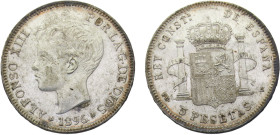 Spain Kingdom Alfonso XIII 5 Pesetas 1896 *18-96 PGV Madrid mint 3rd portrait Silver AU 25g KM# 707