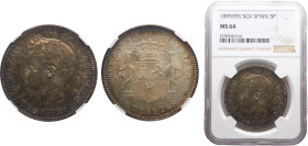 Spain Kingdom Alfonso XIII 5 Pesetas 1899 *18-99 SGV Madrid mint 3rd portrait Silver NGC MS64 KM# 707