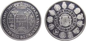 Spain Kingdom Juan Carlos I 2000 Pesetas 1991 M Madrid mint(Mintage 20000) Ibero-American Series I, Encounter of two Worlds Silver PF 27g KM# 891