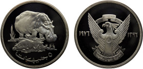 Sudan Democratic Republic 5 Pounds AH1396 (1976) Royal mint(Mintage 5393) Conservation, Hippo Silver PF 35.7g KM# 71