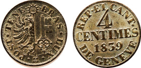 Switzerland Swiss cantons Canton of Geneva 4 Centimes 1839 Billon UNC 1.7g KM# 127