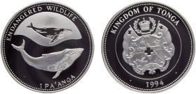 Tonga Kingdom Taufa'ahau Tupou IV 1 Pa'anga 1994 (Mintage 10000) Conservation, Endangered Wildlife, Humpback whale Silver PF 31.7g KM# 162